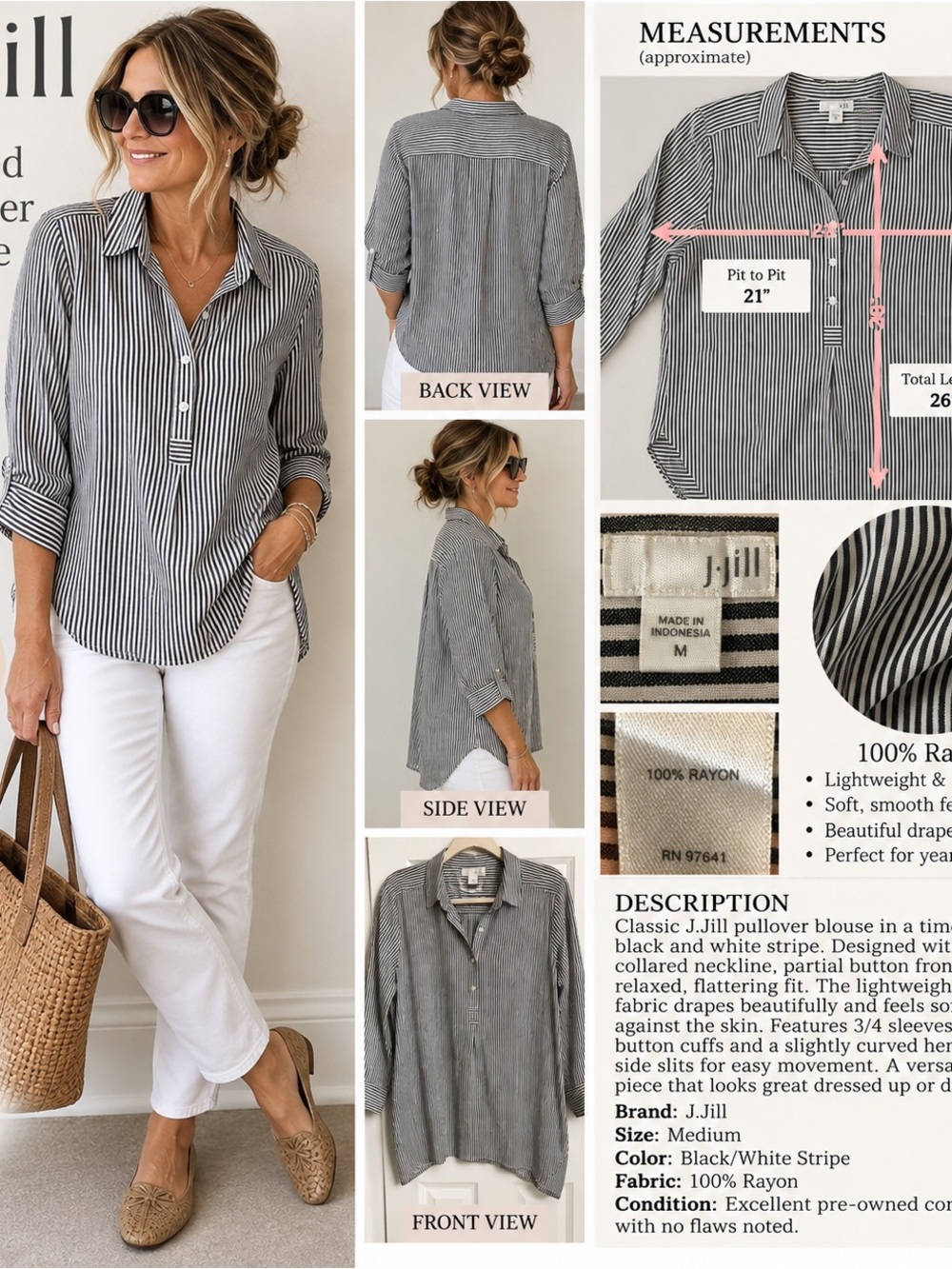 J. Jill Black and White Striped Pullover Blouse